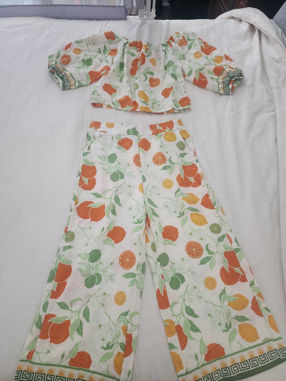 Rachel Zoe Citrus Print Off-Shoulder Top And Pants Suit - Orange/Green/Yellow - Picture 2 of 5